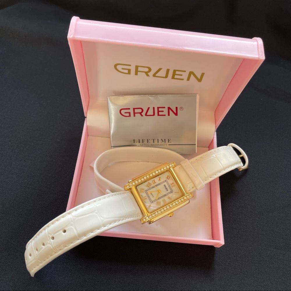 Gruen White Leather Mother of Pearl & Crystal Faced Watch